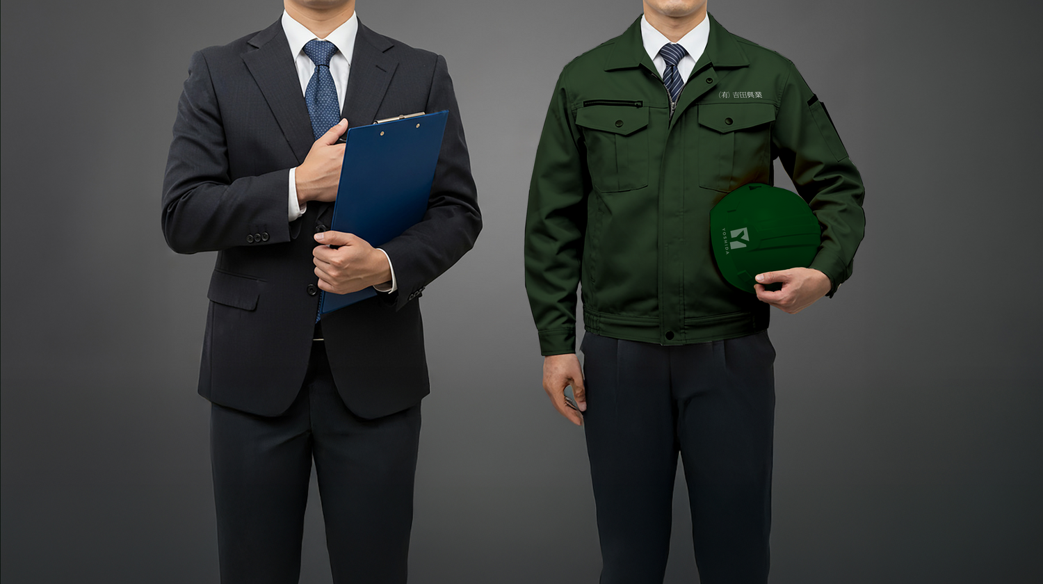 スーツと作業着を着た男性の画像