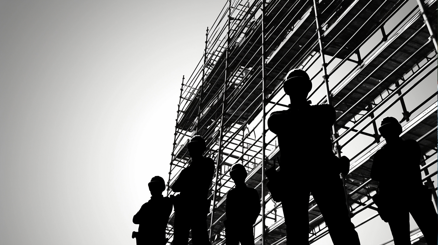足場の前で作業員たちが立っている画像